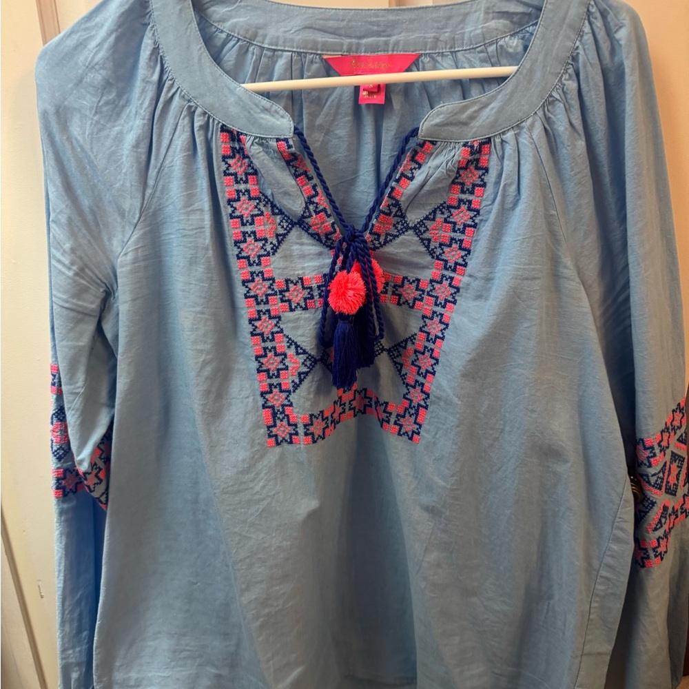 Embroidered Blue Top with Pink Accents